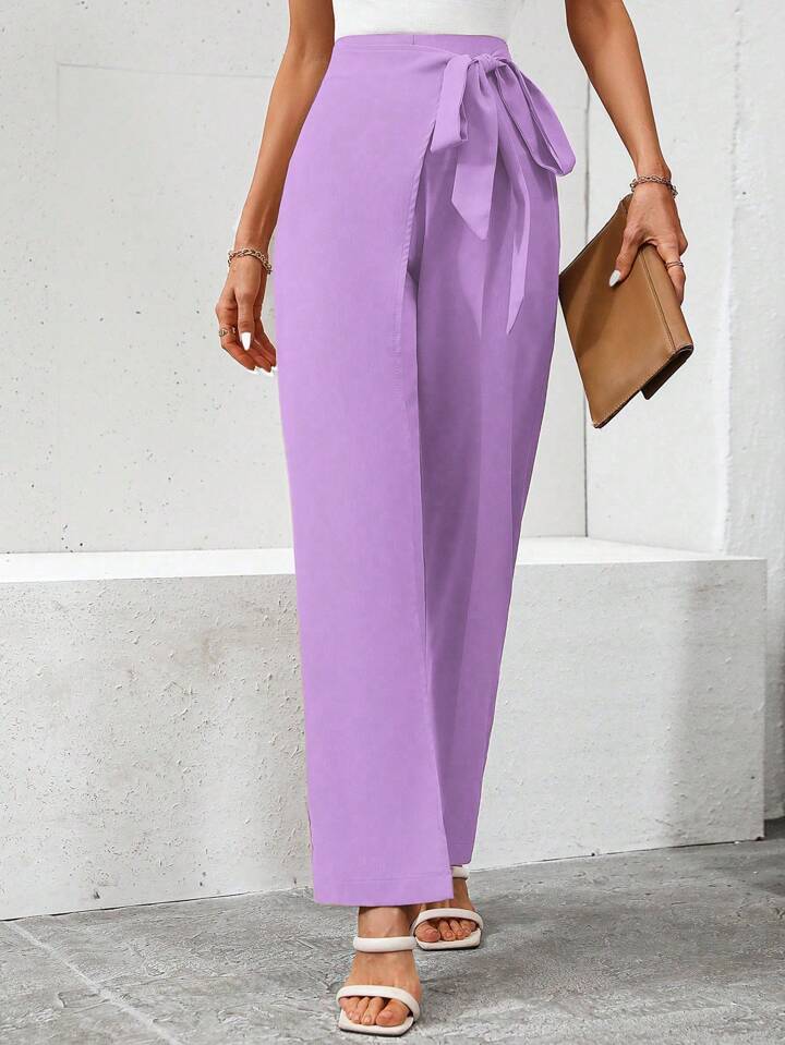 CM-BS627173 Women Casual Seoul Style Side Tie High Waist Straight Leg Pants - Mauve Purple