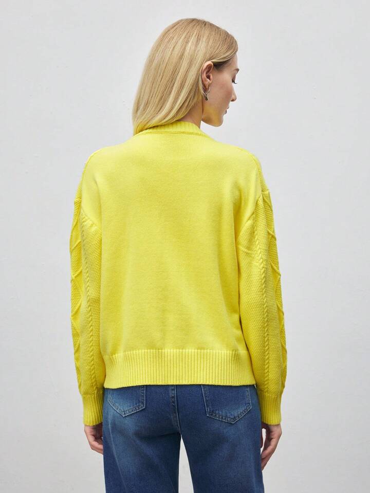 CM-CS511162 Women Casual Seoul Style Round Neck Drop Shoulder Long Sleeve Knit Pullover - Yellow