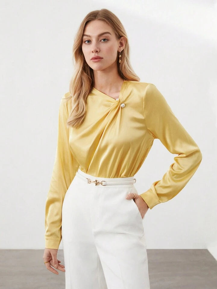 CM-TS808801 Women Elegant Seoul Style Twist Knot Long Sleeve Shirt - Yellow
