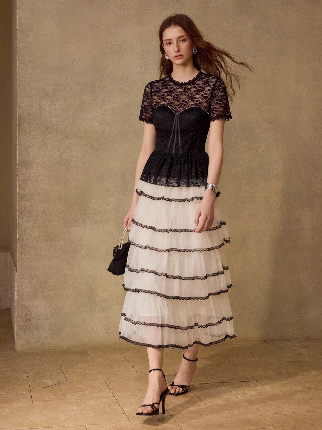 CM-TS220131 Women Elegant Seoul Style Round Neck Short Sleeve Sheer Lace Waist-Cinched Ruffle Hem Top - Black
