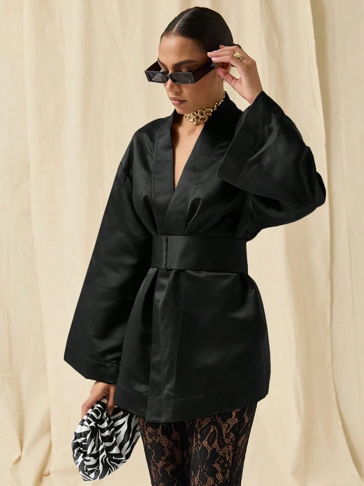 CM-DS774542 Women Elegant Seoul Style Solid Color Deep V-Neck Bell Sleeve Mini Dress - Black