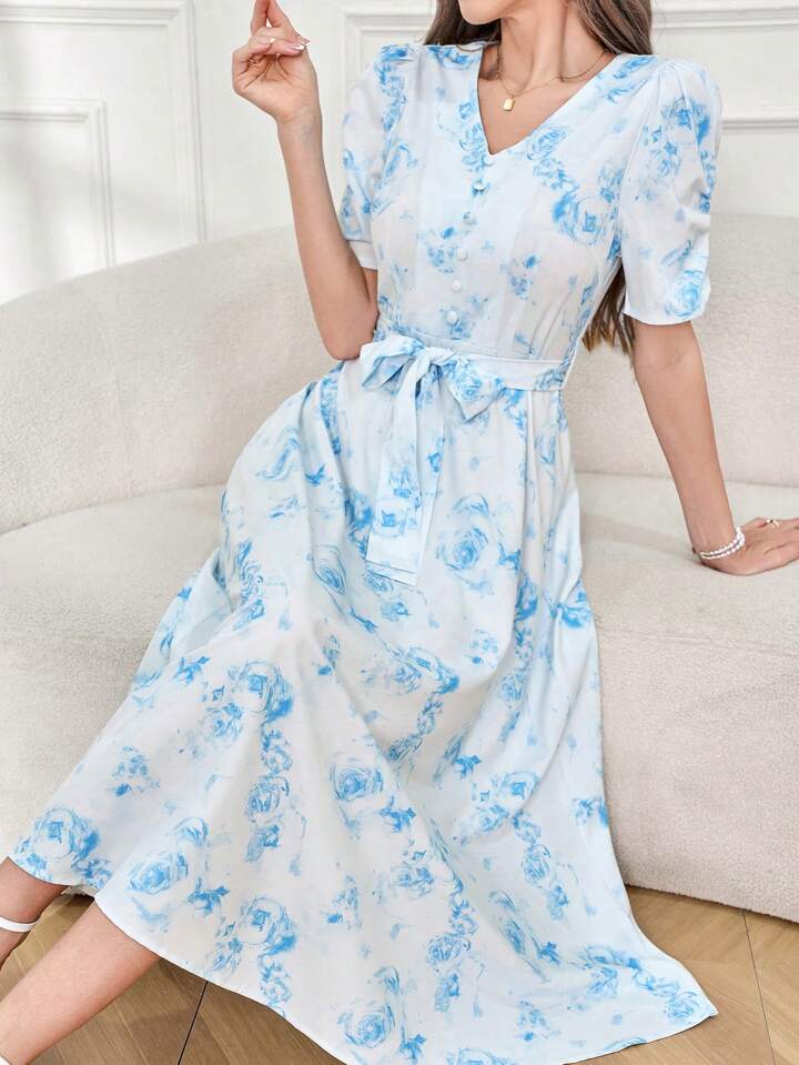 CM-DS338899 Women Trendy Bohemian Style Floral Print V-Neck Puff Sleeve Belted Dress - Blue