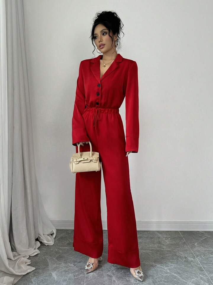 CM-JS417813 Women Elegant Seoul Style V-Neck Long Sleeve High Waist Jumpsuit - Red