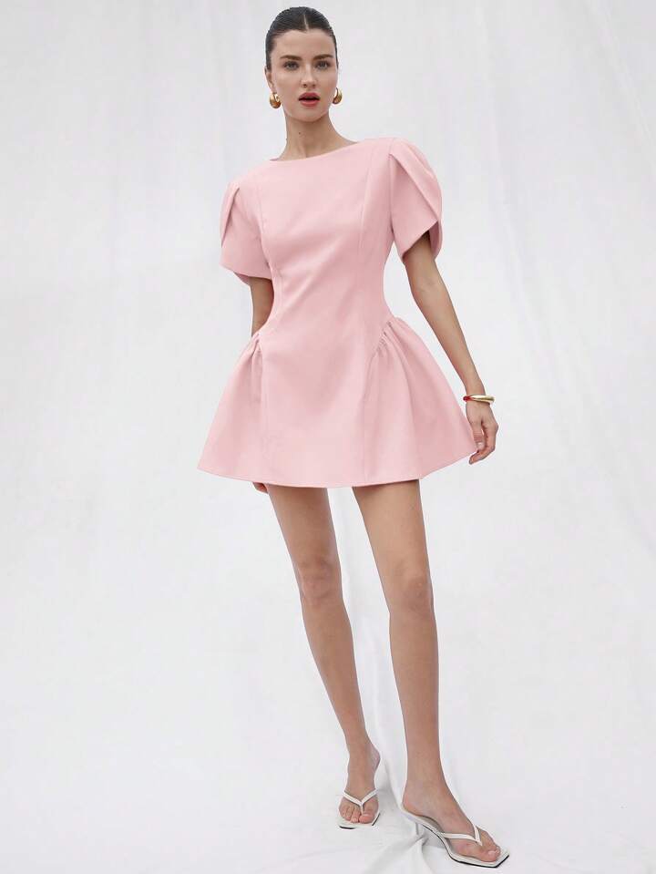 CM-DS975139 Women Elegant Seoul Style Tulip Print Puff Spliced Hem Round Neck Short Sleeve Dress - Pink