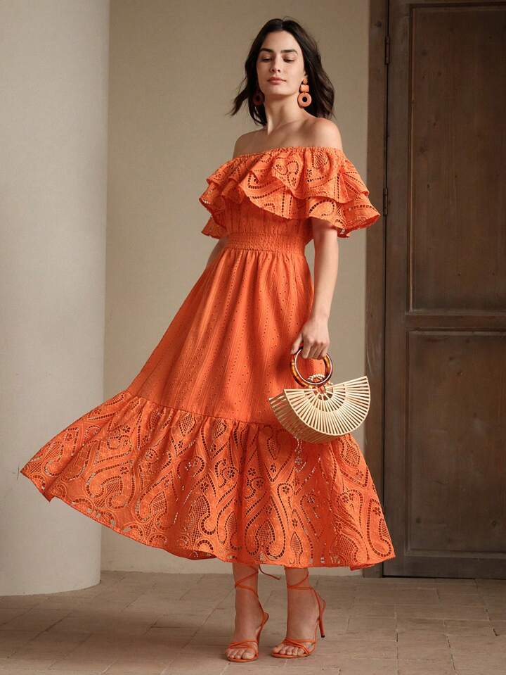 CM-DS642728 Women Elegant Seoul Style Hollow-Out Embroidered Lace Off-Shoulder Dress - Orange