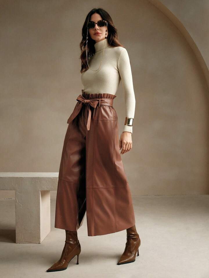 CM-BS442907 Women Elegant Seoul Style High Waist Faux Leather Wide Leg Pants - Brown