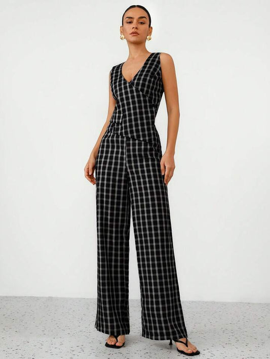 CM-SS492014 Women Elegant Seoul Style Plaid V-Neck Fake Pocket Waist Vest With Wide-Leg Trousers - Set