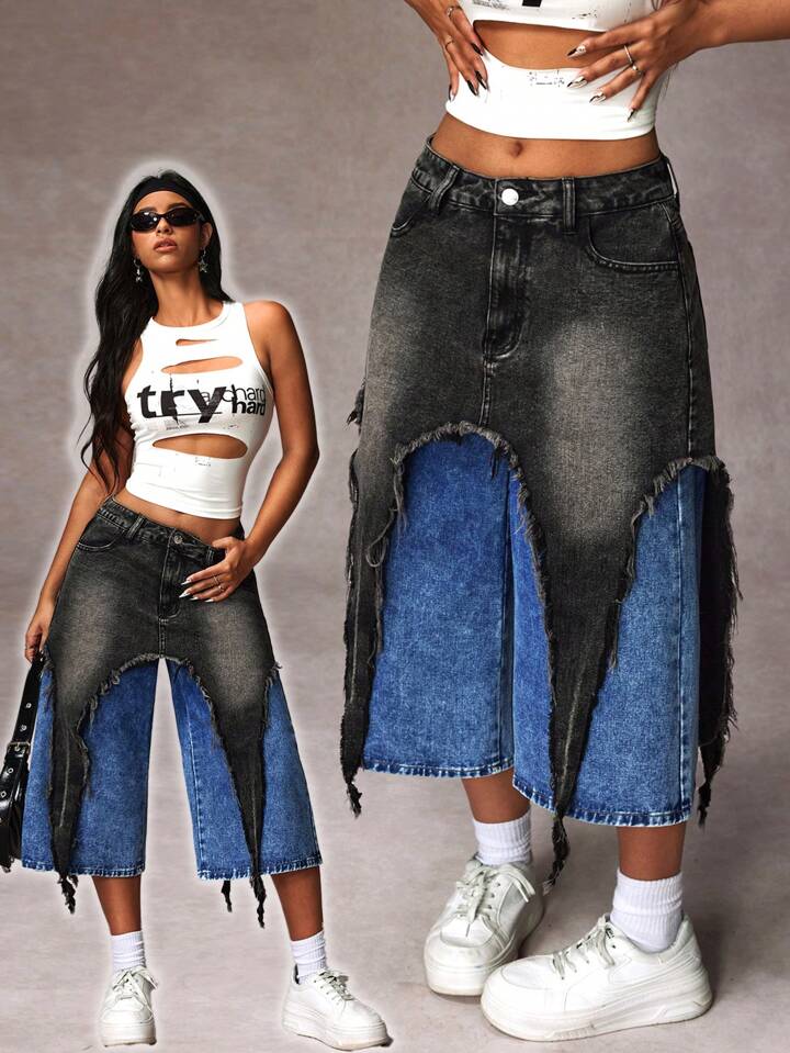 CM-BS335155 Women Casual Seoul Style Contrast Color Pockets Frayed Wide Leg Loose Jeans