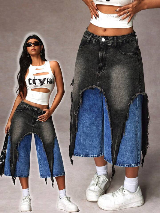 CM-BS335155 Women Casual Seoul Style Contrast Color Pockets Frayed Wide Leg Loose Jeans