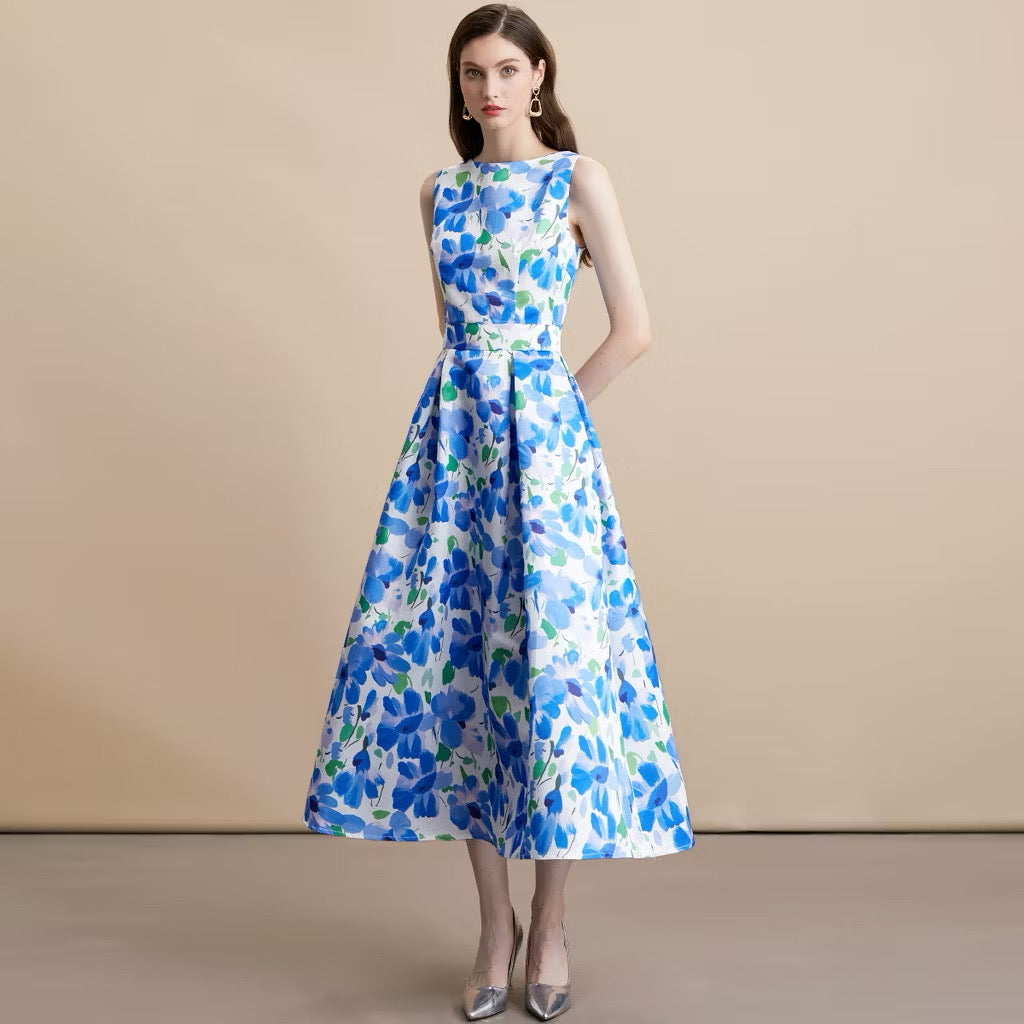 CM-DY054105 Women Elegant European Style Round Neck Sleeveless Pinched Waist A-Line Midi Dress