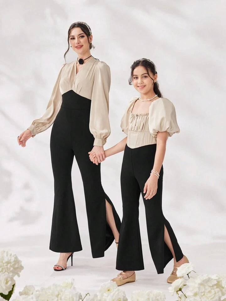 CM-JS636093 Women Elegant Seoul Style Patchwork V-Neck Long Sleeve High Slit Bell-Bottom Jumpsuit