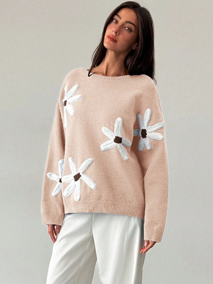 CM-CS463499 Women Casual Seoul Style 3D Floral Decoration Loose Fit Long Sleeve Sweater - Apricot