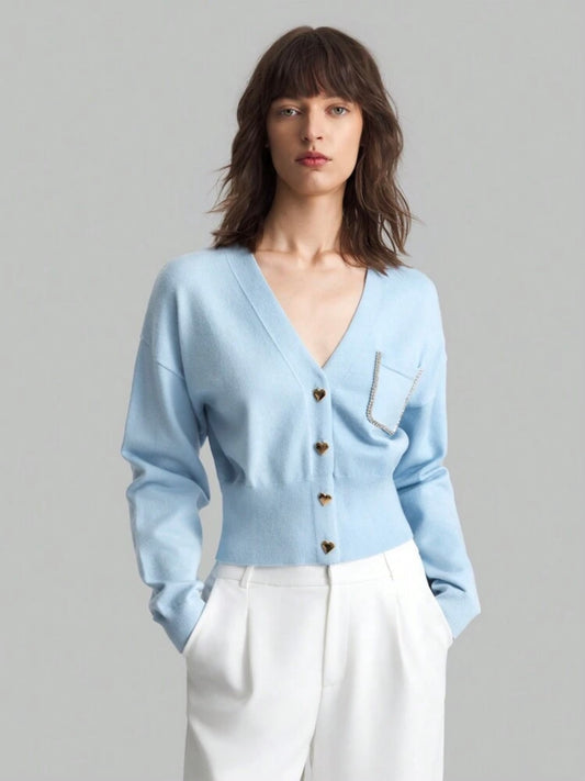 CM-CS192880 Women Casual Seoul Style Heart Shaped Button Front Cardigan - Blue