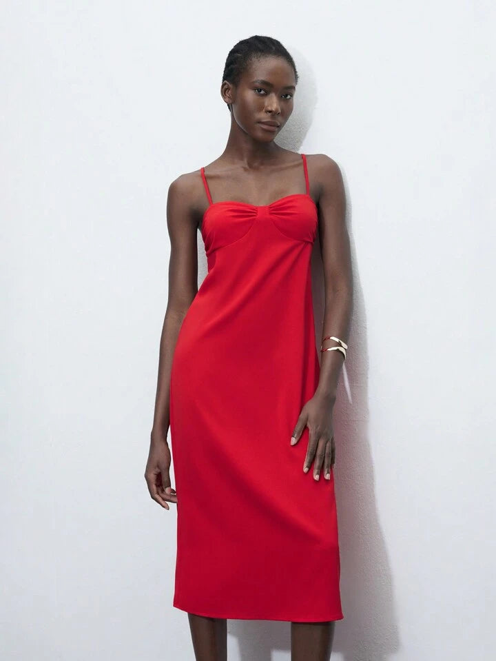 CM-DS827997 Women Casual Seoul Style Solid Color Spaghetti Strap Sleeveless Midi Dress - Red