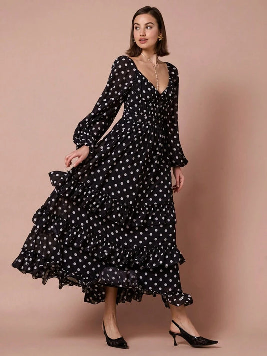 CM-DS108408 Women Elegant Seoul Style Polka Dot V-Neck Puff Long Sleeve Layered A-Line Dress - Black