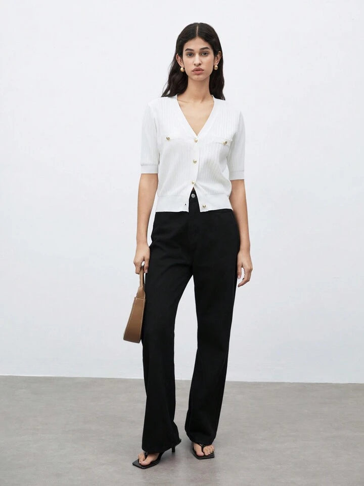 CM-TS513431 Women Casual Seoul Style V-Neck Short Sleeve Button Front Knit Blouse - White