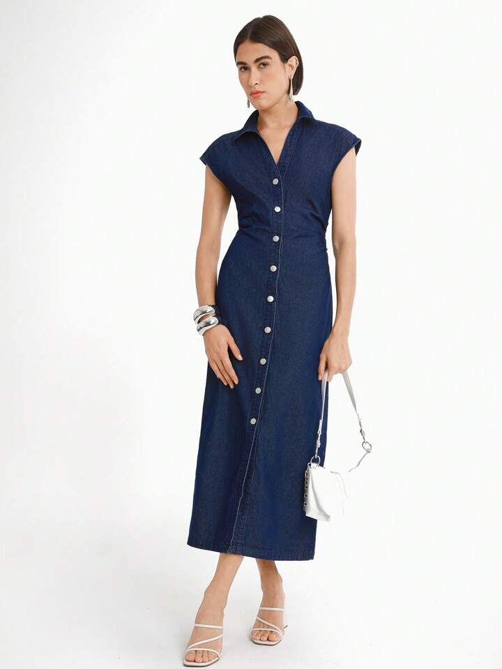 CM-DS021713 Women Casual Seoul Style Dark Wash Collar Neckline Sleeveless Lapel Straight Denim Dress