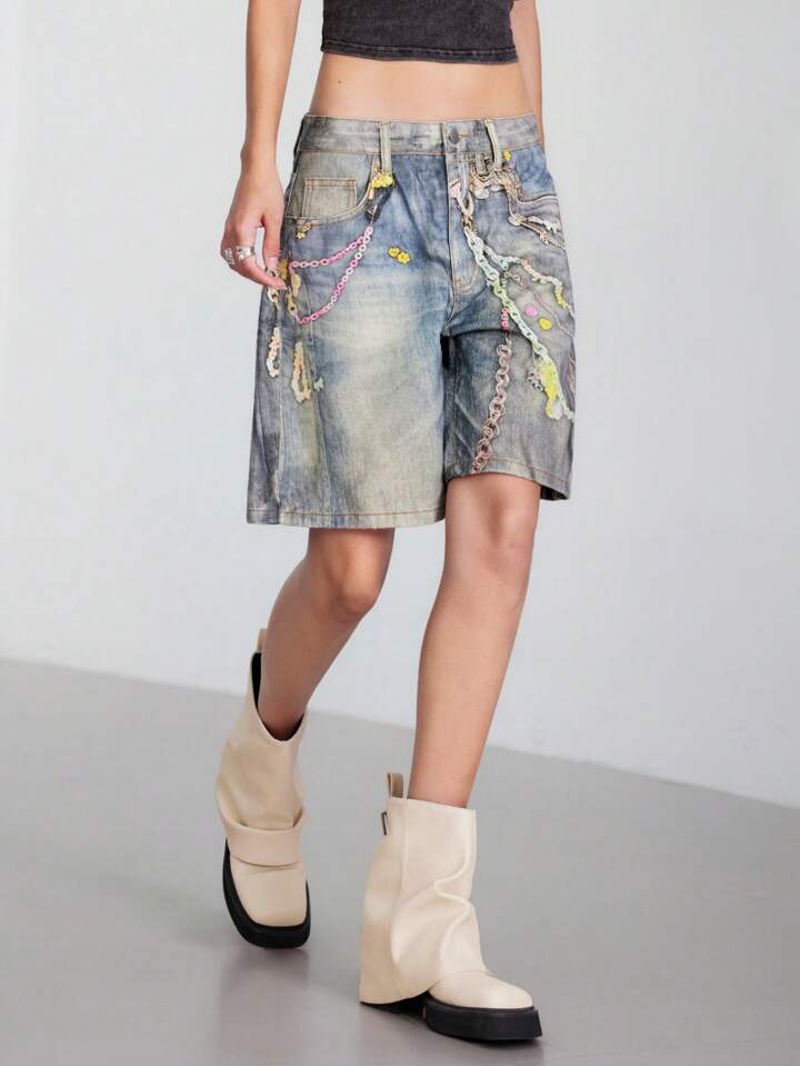 CM-BS211137 Women Casual Seouol Style Low Waist Washed Chain Printed Loose Denim Shorts - Blue