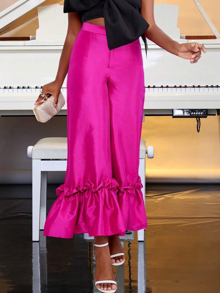 CM-BS639148 Women Elegant Seoul Style Bell Bottom Ruffle Trim Wide Leg Pants - Hot Pink