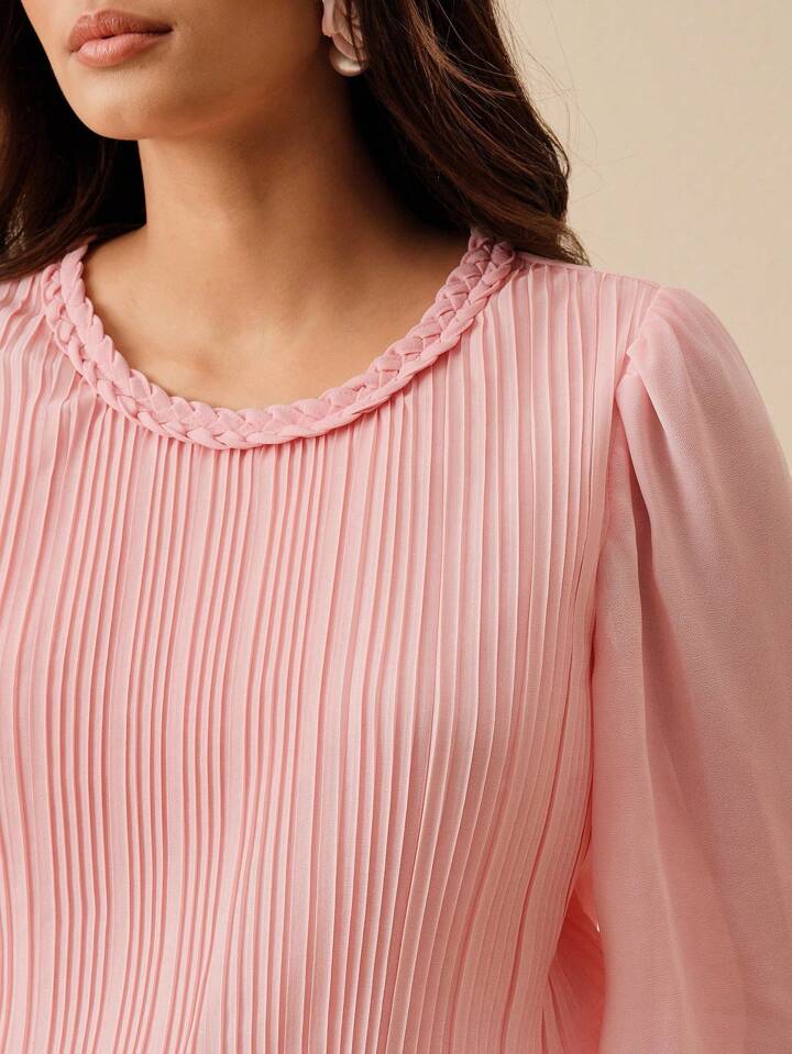 CM-TS771066 Women Elegant Seoul Style Cable Knit Round Neck Pleated Lantern Sleeve Slim Fit Blouse - Pink