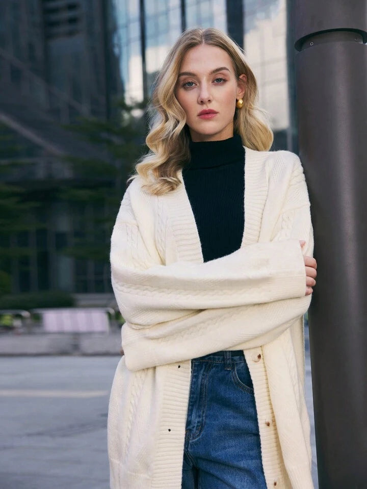 CM-CS539199 Women Casual Seoul Style V-Neck Drop Shoulder Long Sleeve Cardigan Sweater - Apricot