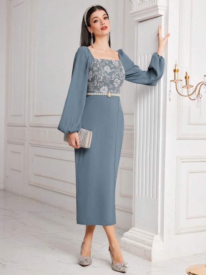 CM-DS952331 Women Casual Seoul Style Jacquard Patchwork Split Hem Lantern Sleeve Dress