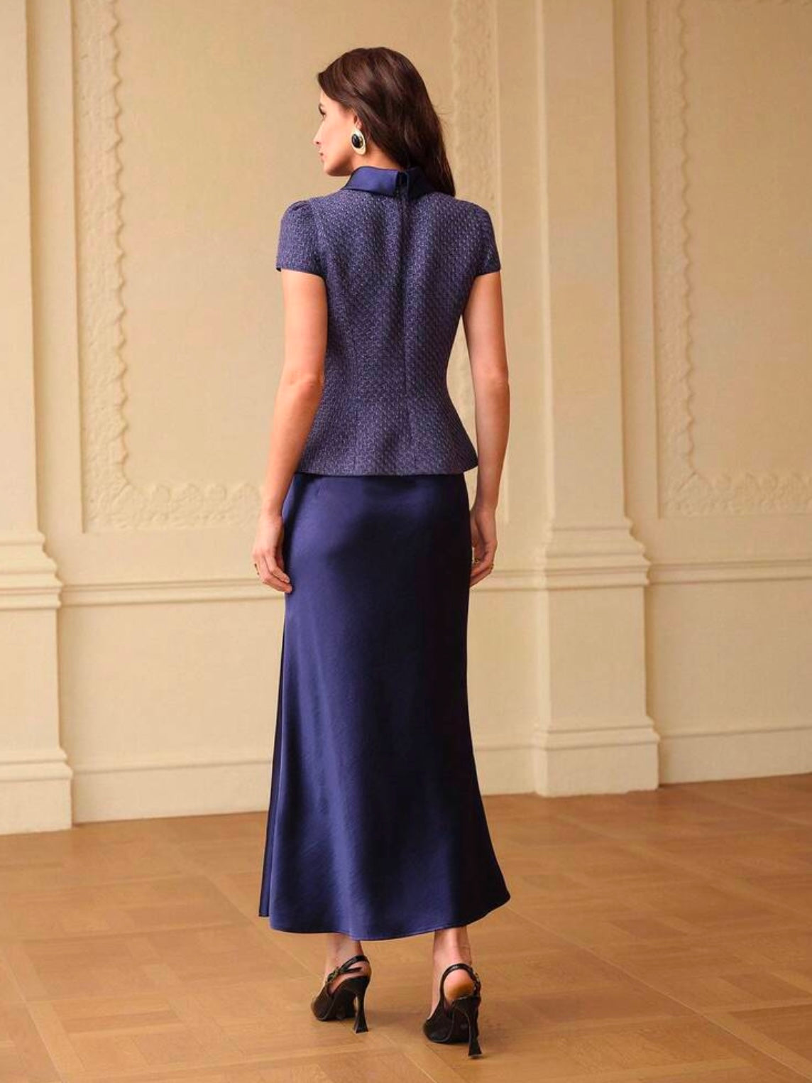 CM-SS047963 Women Elegant Seoul Style Stand Collar Button Decor Cap Sleeve Top With Satin Mermaid Hem Skirt - Set