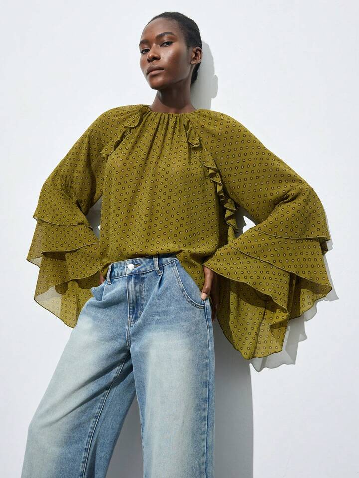 CM-TS667004 Women Elegant Seoul Style Round Neck Polka Dot Ruffle Hem Bell Sleeve Blouse - Green