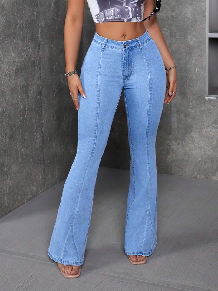 CM-BS068359 Women Preppy Seoul Style Medium Washed Denim Bell-Bottom Flare Leg Pants