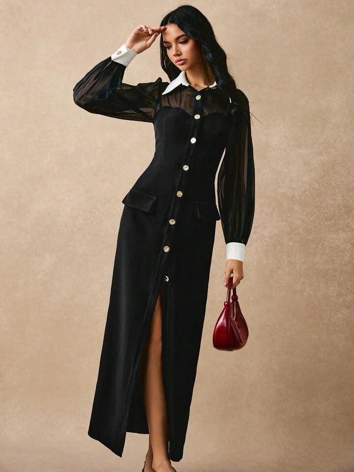 CM-DS490569 Women Elegant Seoul Style Color Block Button Front Long Sleeve Maxi Dress - Black