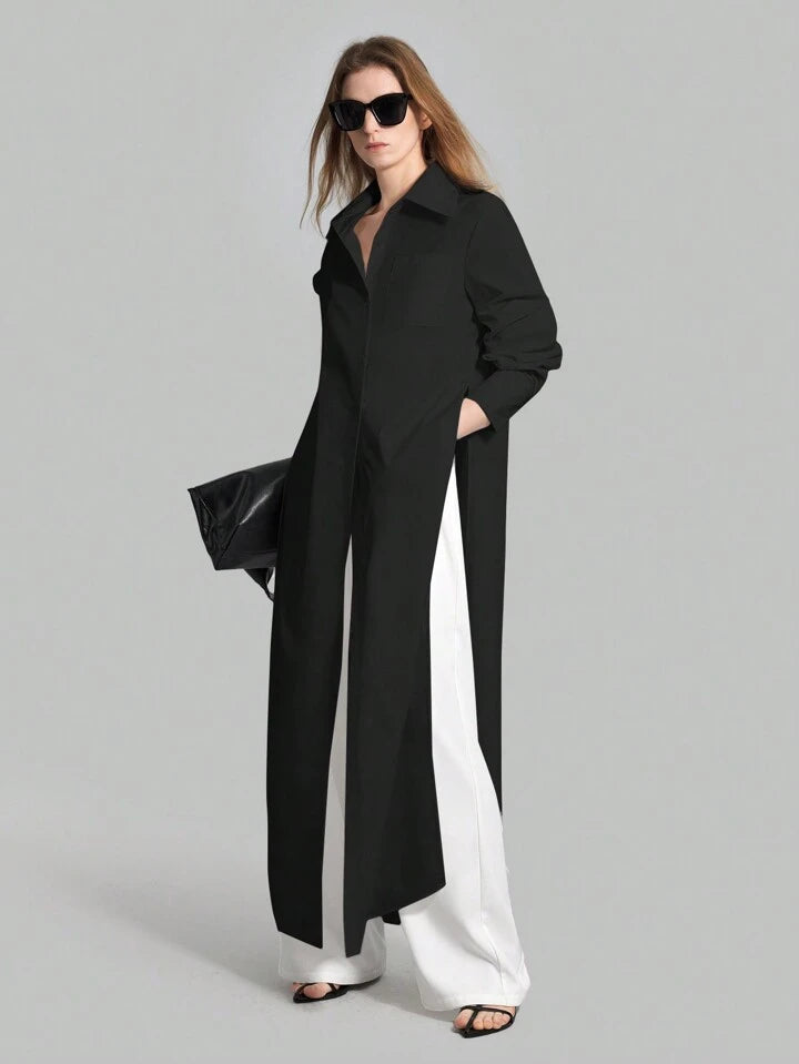 CM-TS855315 Women Casual Seoul Style Shirt Collar Long Sleeve Front Button High Slit Long Shirt - Black