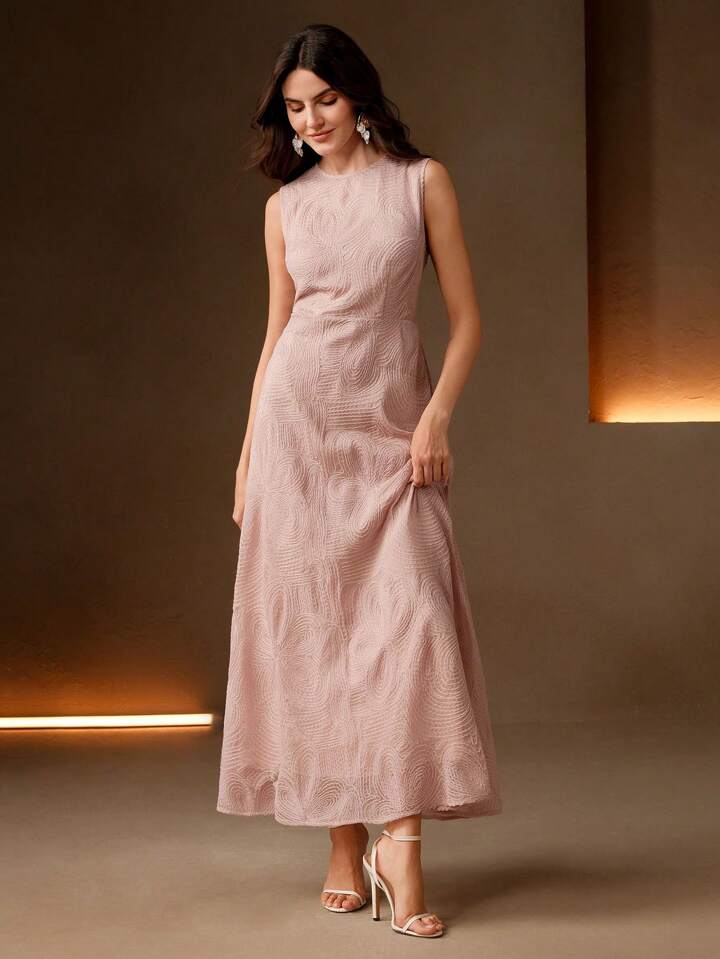 CM-DS571714 Women Elegant Seoul Style Embroidered Sleeveless Round Neck A-Line Dress - Pink