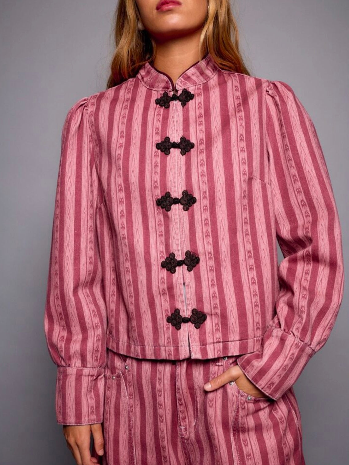 CM-CS287781 Women Elegant Seoul Style Stand Collar Short Sleeve Button Front Striped Jacket - Hot Pink