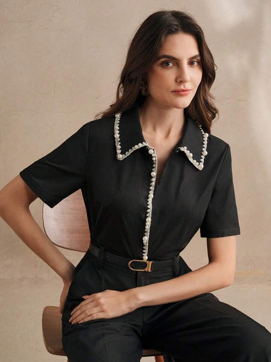 CM-TS219984 Women Elegant Seoul Style Studded Pearl Trim Collar Short Sleeve Blouse - Black