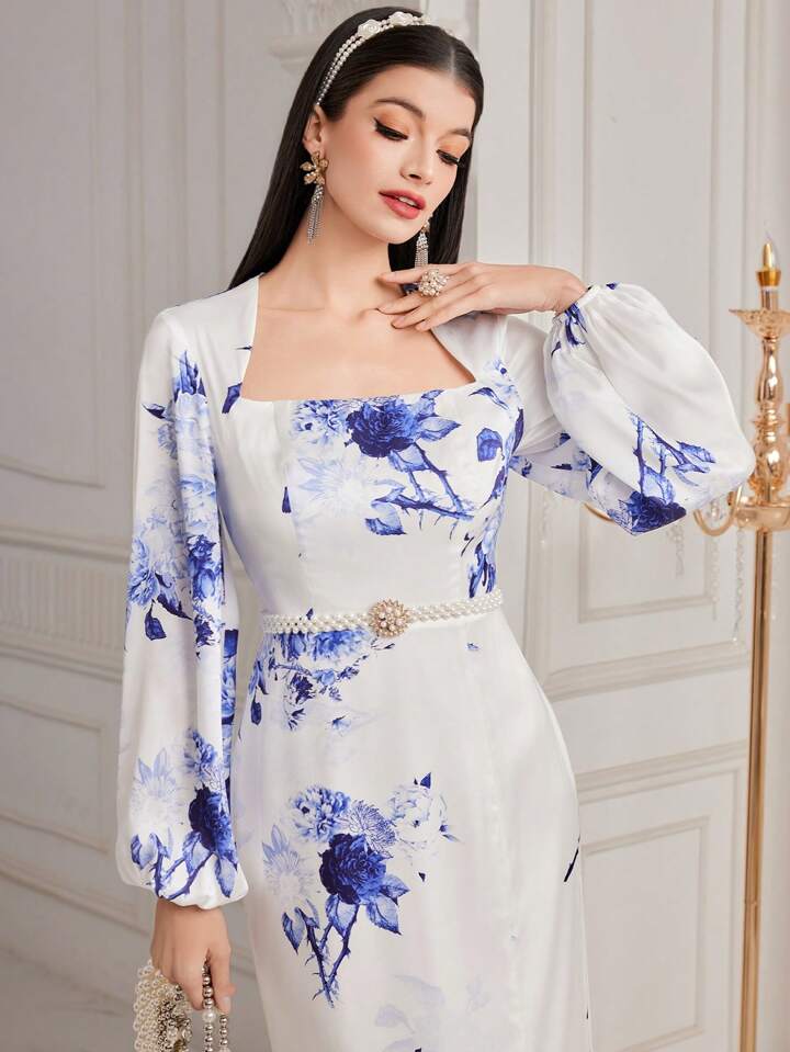 CM-DS919193 Women Elegant Seoul Style Square Neck Floral Print Lantern Sleeve Dress
