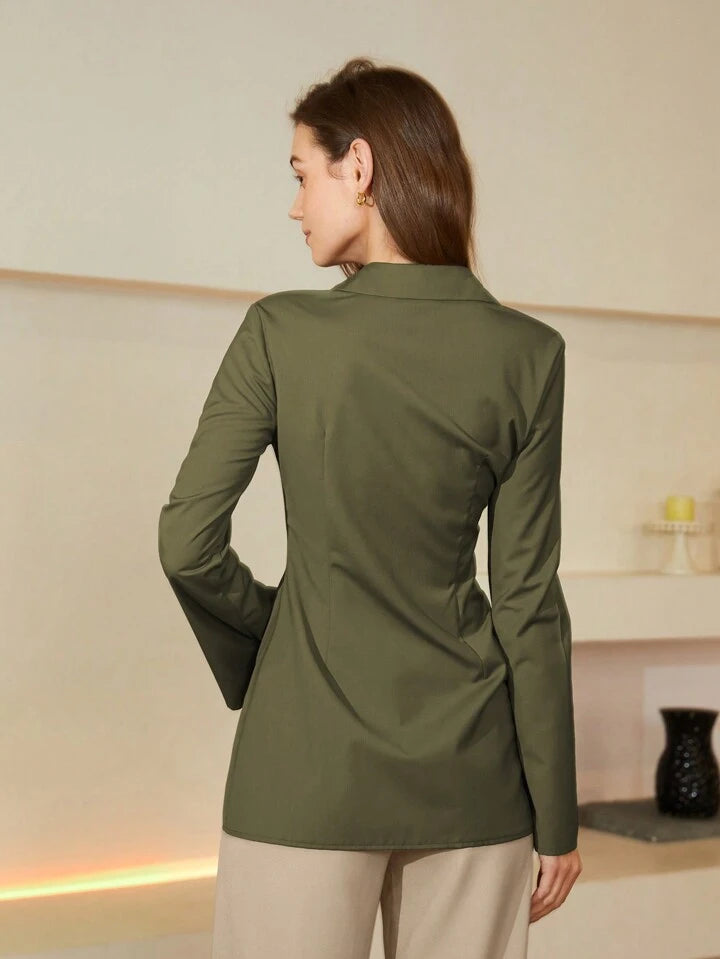 CM-TS510220 Women Elegant Seoul Style Collar Neckline Solid Button Front Shirt - Army Green