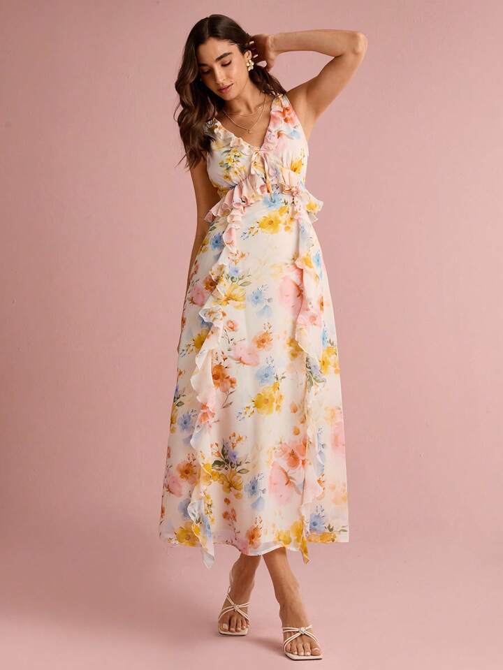 CM-DS419967 Women Trendy Bohemian Style Floral Print V-Neck Ruffle Trim Sleeveless Maxi Dress