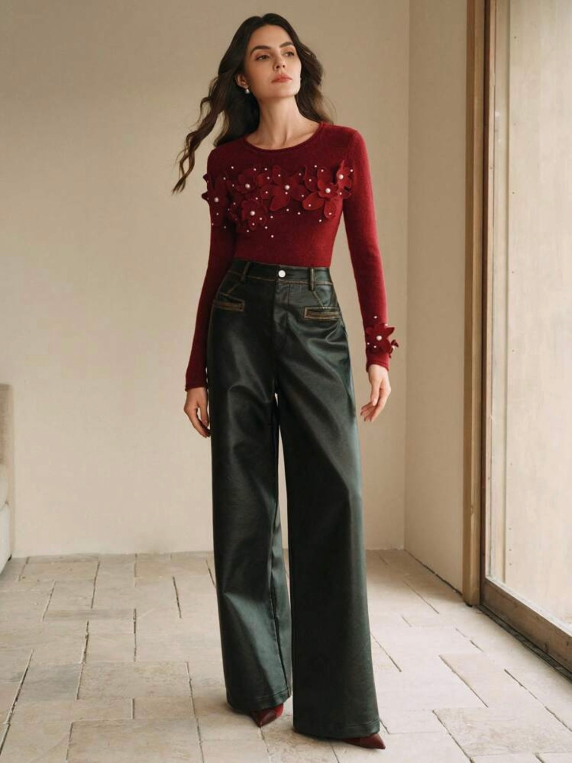 CM-CS786989 Women Casual Seoul Style Crochet Beaded Crew Neck Layer T-Shirt - Red