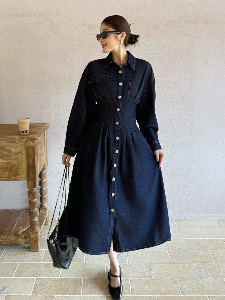 CM-DS911860 Women Casual Seoul Style Dark Wash Collar Neckline Long Sleeve High  Waist Midi Denim Dress