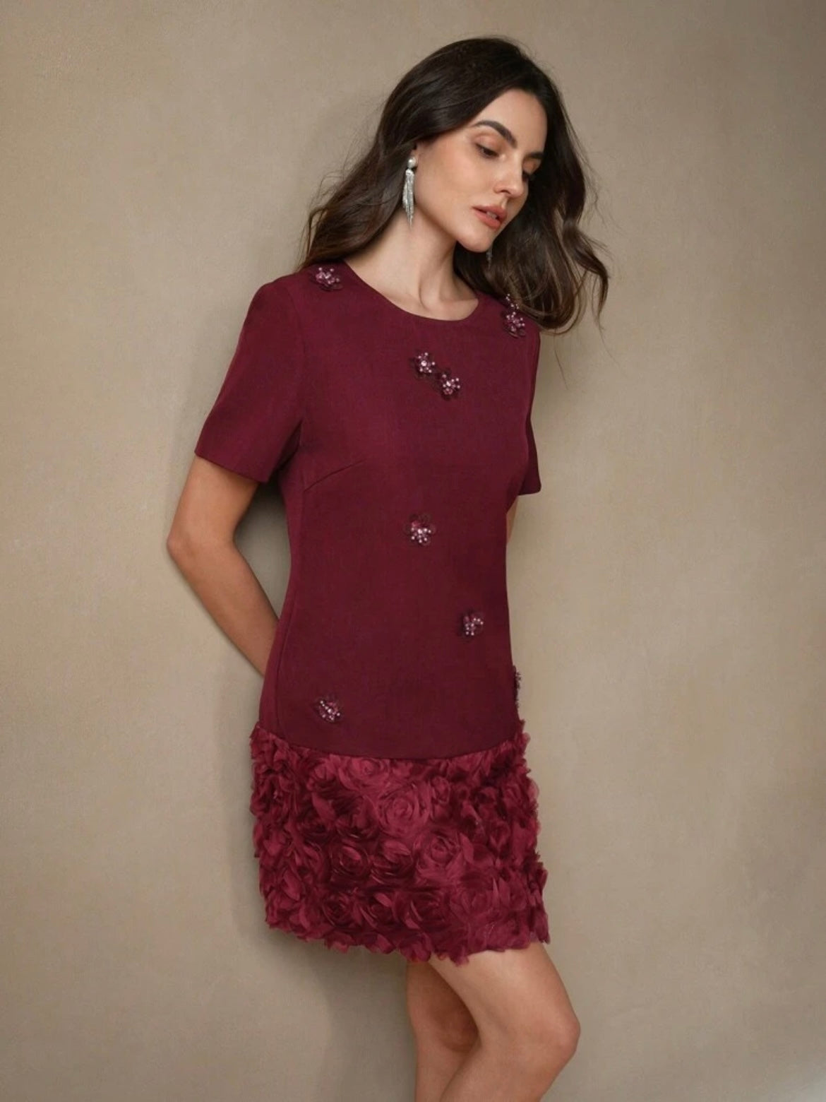CM-DS620220 Women Elegant Seoul Style Round Neck Short Patchwork Rose Sequin Dress - Burgundy