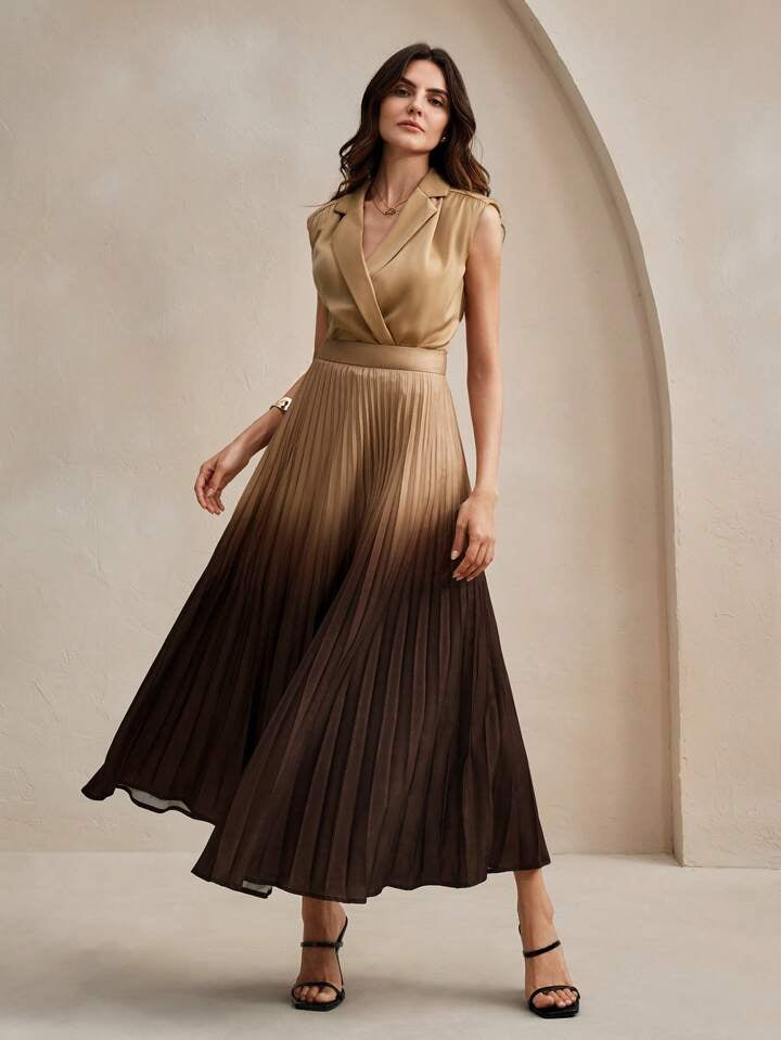 CM-BS892088 Women Elegant Seoul Style High Waist Ombre Pleated A-Line Maxi Skirt - Khaki