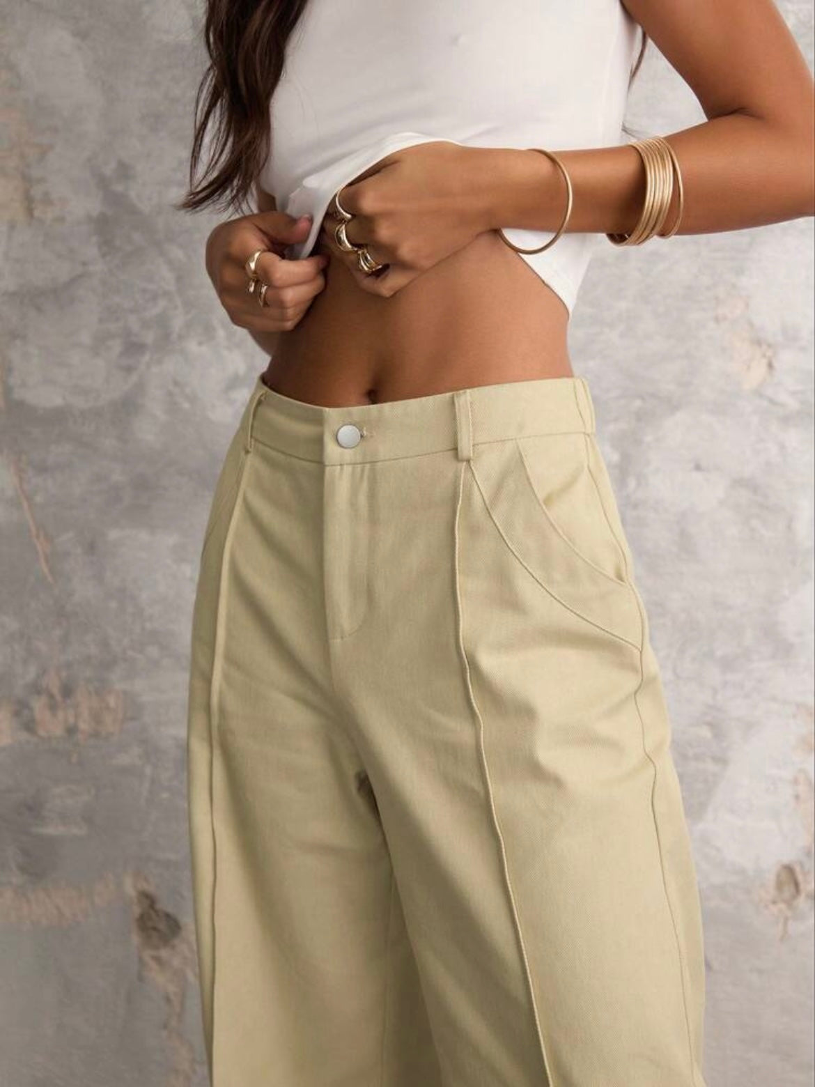 CM-BS760766 Women Casual Seoul Style Front Button Pocket Drop Waist Wide Leg Pants - Khaki