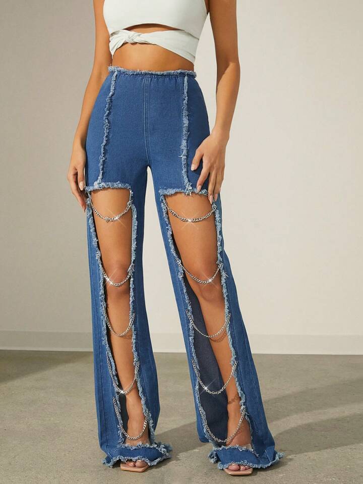 CM-BS616056 Women Casual Seoul Style Medium Wash Patchwork Frayed Chain Design Ripped Jeans