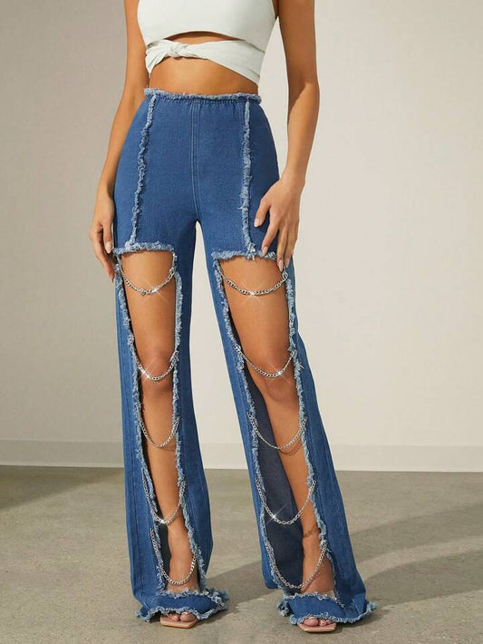CM-BS616056 Women Casual Seoul Style Medium Wash Patchwork Frayed Chain Design Ripped Jeans