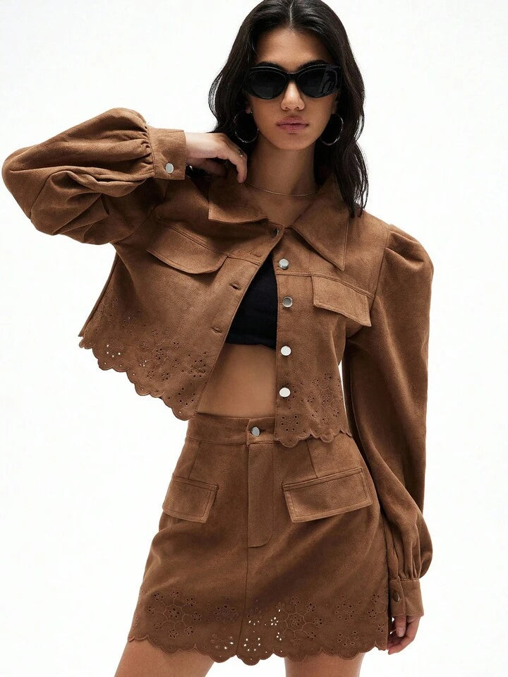 CM-SS666861 Women Elegant Seoul Style Floral Embroidery Faux Suede Puff Sleeve Cargo Jacket With Skirt - Set