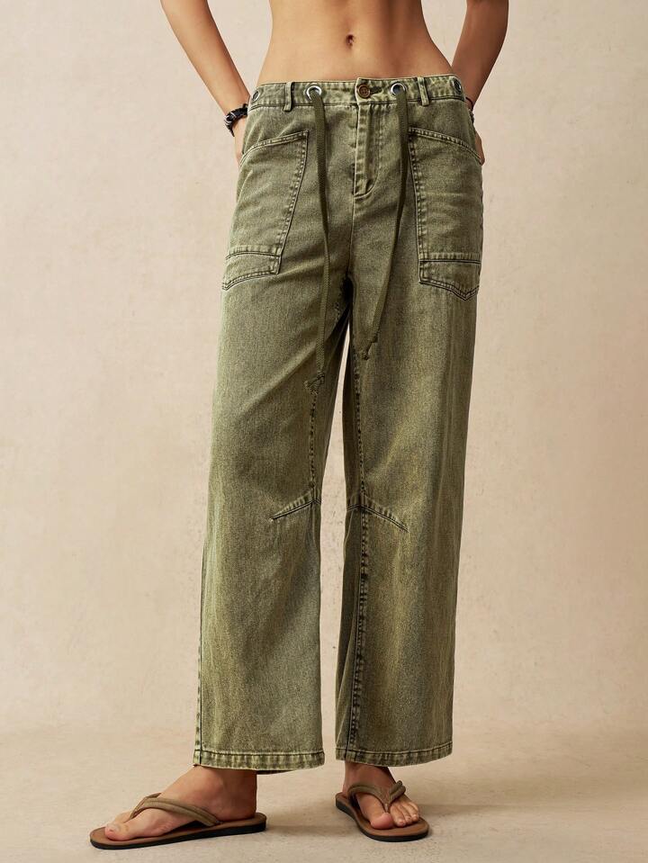 CM-BS329992 Women Casual Seoul Style Tie Drop Waist Straight Wide Leg Pants - Army Green