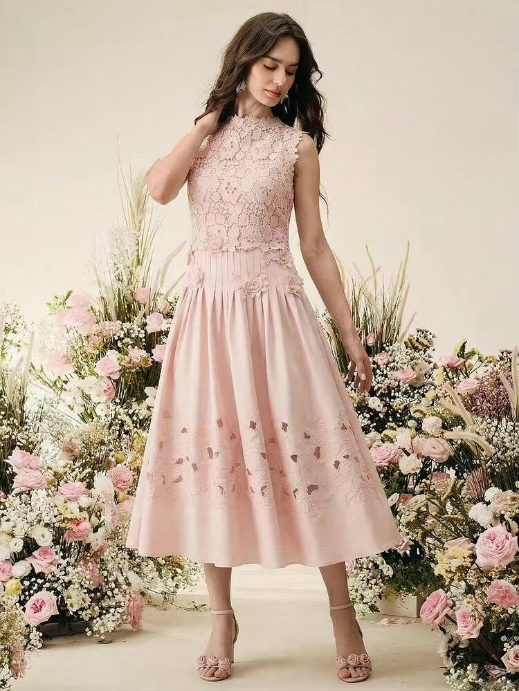 CM-DS194575 Women Elegant Seoul Style Stand Collar Sleeveless Floral Embroidered Lace Midi Dress - Pink
