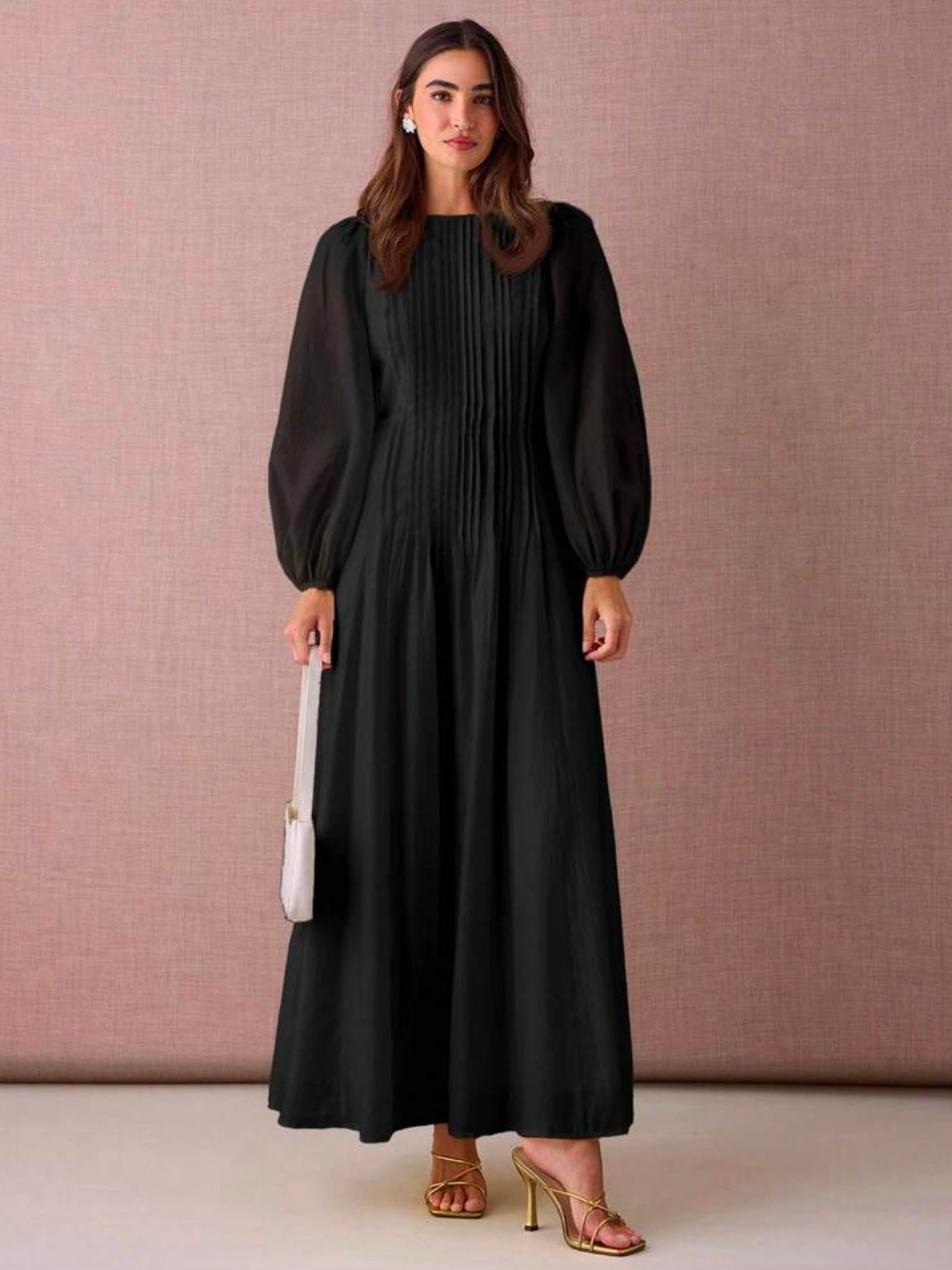 CM-DS935764 Women Elegant Seoul Style Round Neck Lantern Sleeve Pleated Design A-Line Maxi Dress - Black