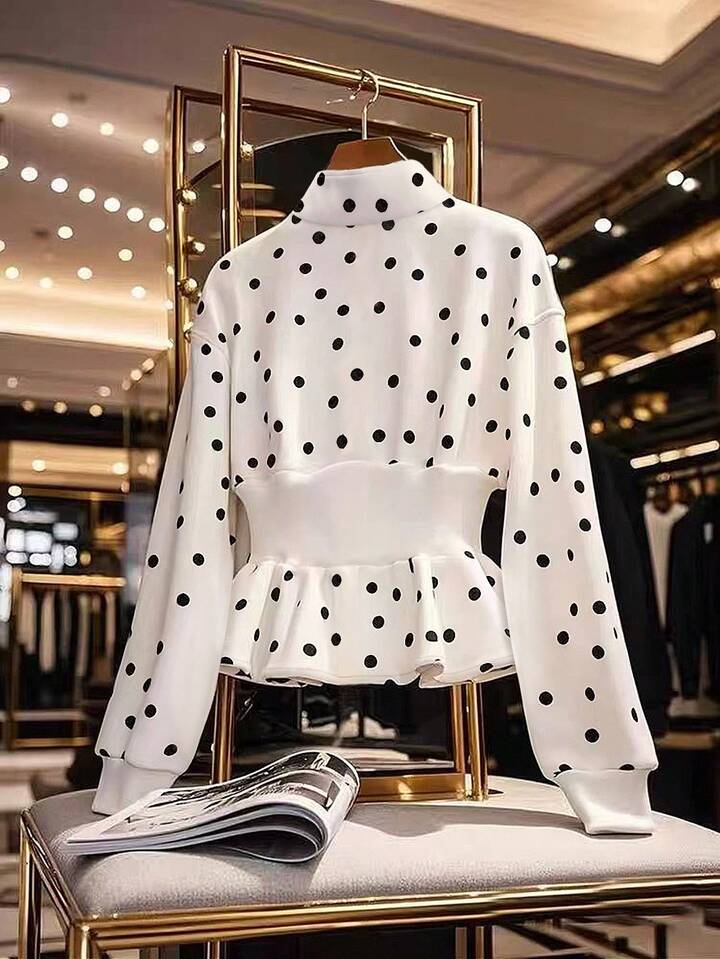 CM-CS807603 Women Elegant Seoul Style Funnel Neckline Long Sleeve Polka Dot Ruffle Hem Knitted Coat