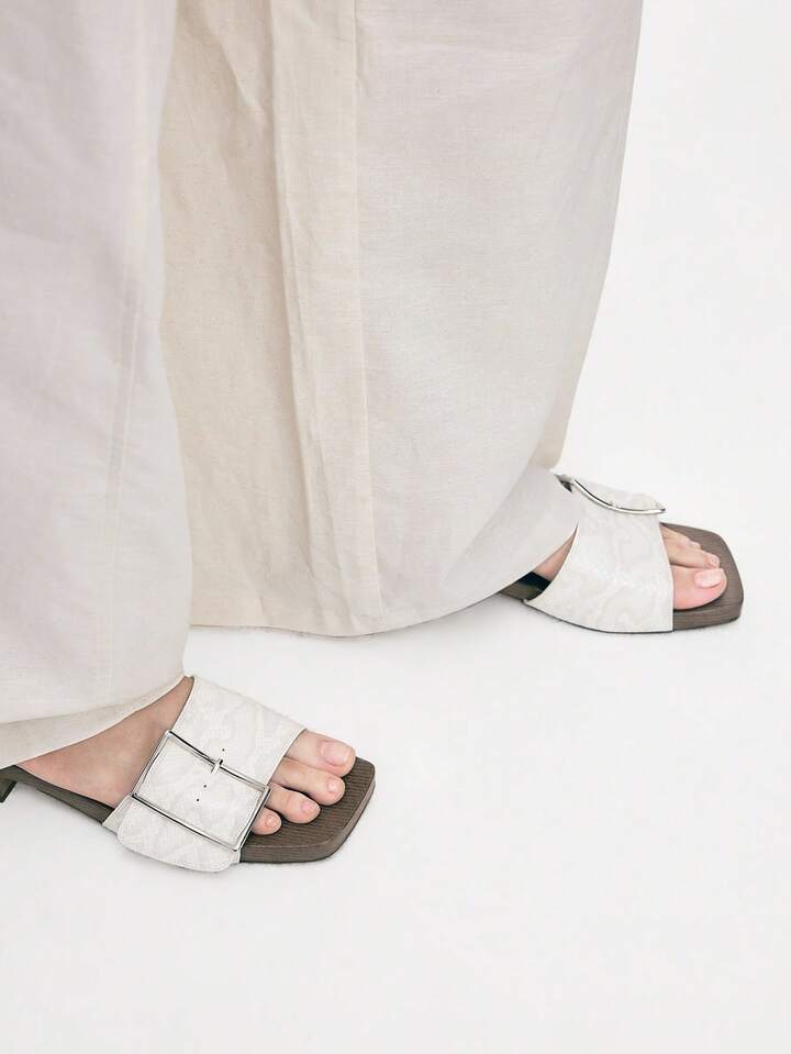 CM-SHS493873 Women Trendy Seoul Style Wooden Slip-On With Large Buckle PU Wedge Sandals - White